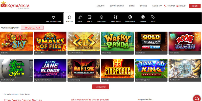 Kasino hry na webových stránkach operátora Royal Vegas Casino